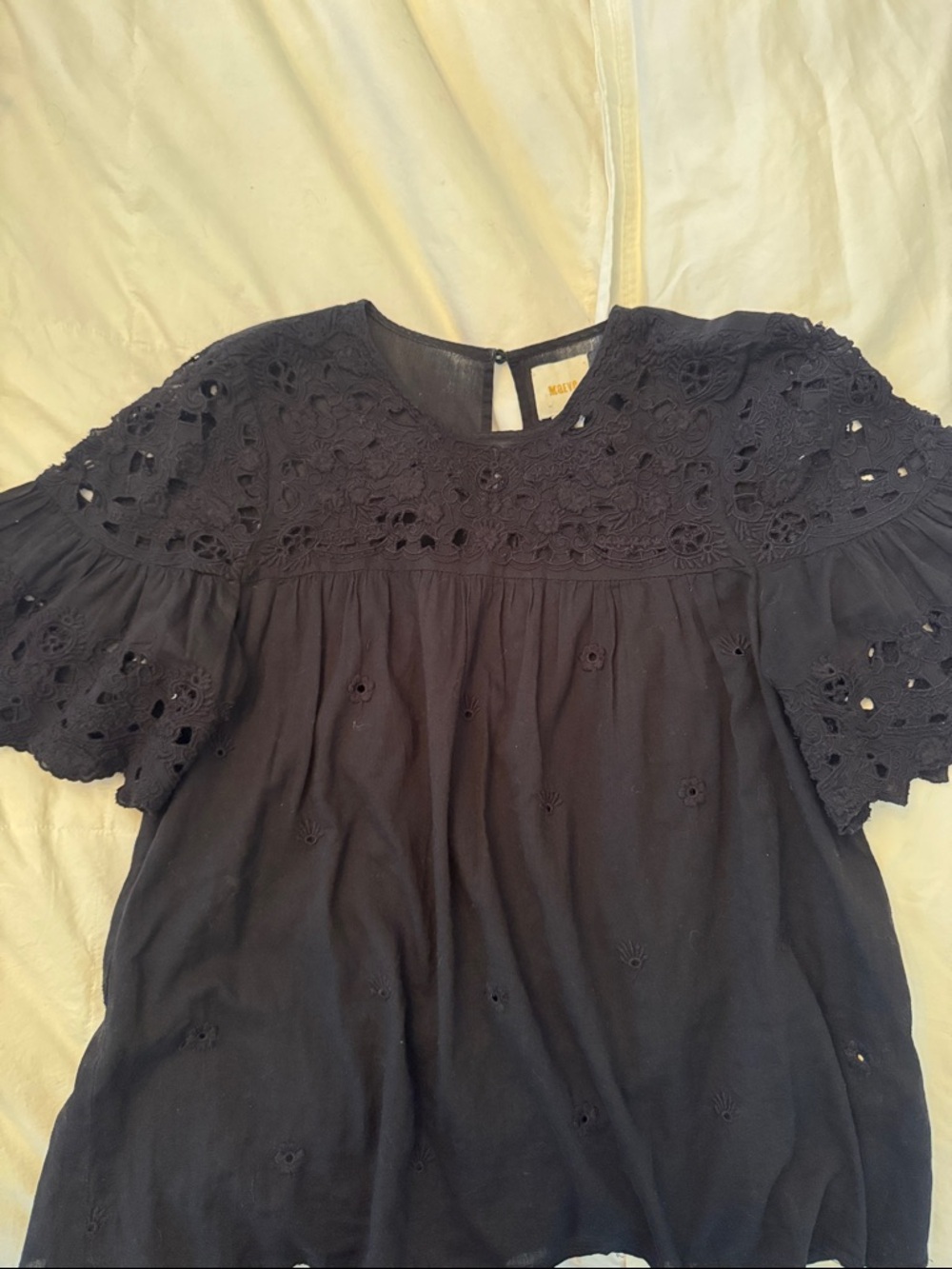 Woven Lace Yoke Short Sleeve Top - Black